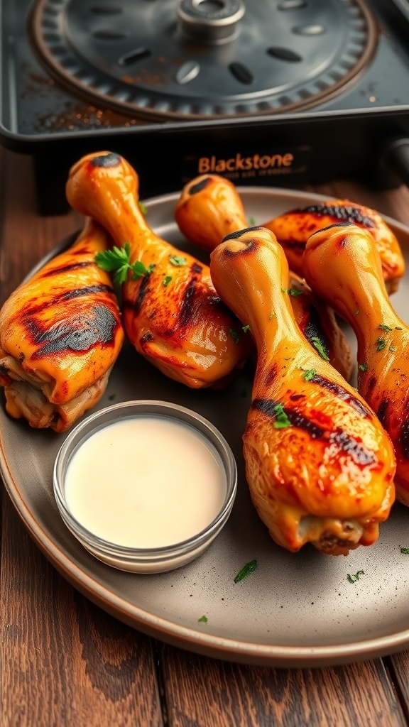 Grilled chicken drumsticks on a plate, garnished with herbs, with a Blackstone griddle in the background.